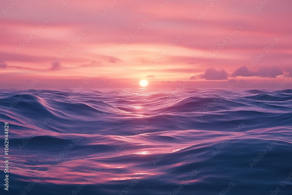 Pink and purple sunrise over the ocean with calm waves flowing around rocky coastline, creating a serene and vibrant coastal landscape Pink and purple sunrise over the ocean with calm waves flowing around rocky coastline, creating a serene and vibrant coastal landscape