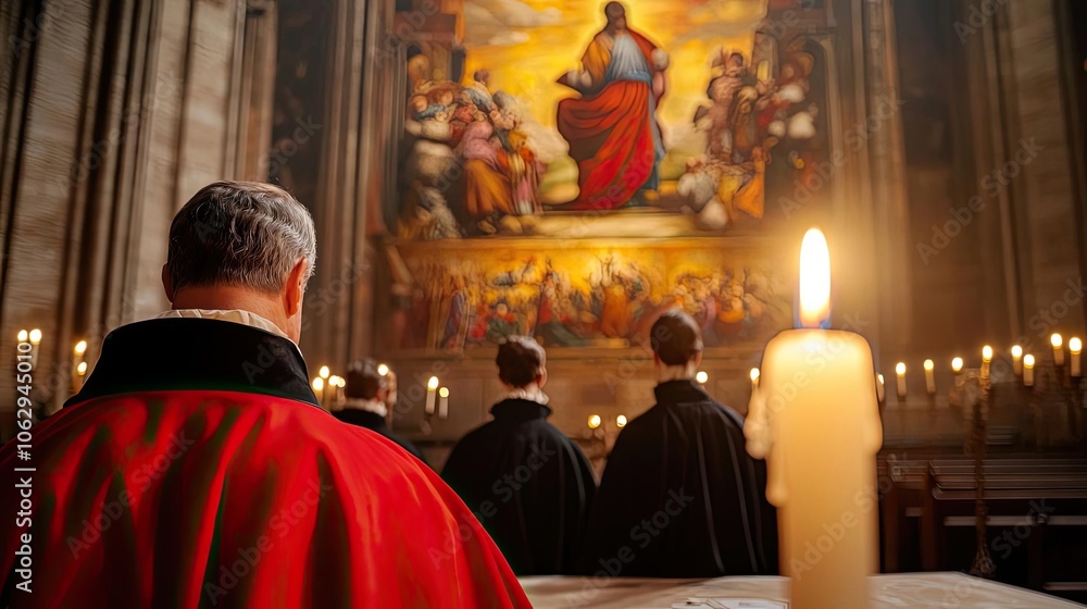 Clerics in procession during a religious service with candlelight ambiance. Clerics in procession during a religious service with candlelight ambiance.