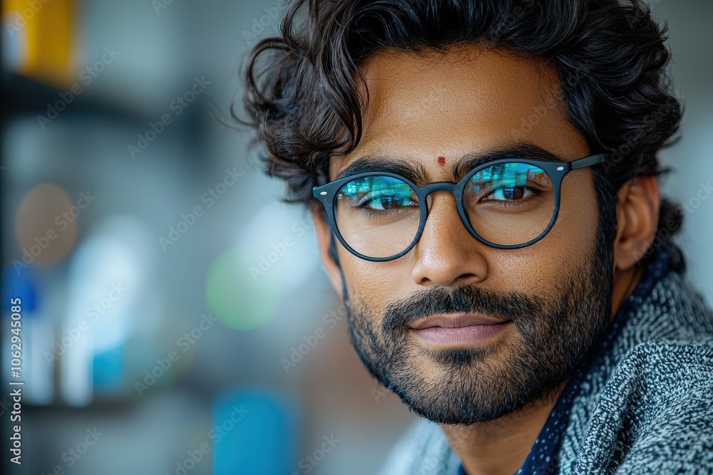 Focused young professional with glasses in a modern workspace Focused young professional with glasses in a modern workspace