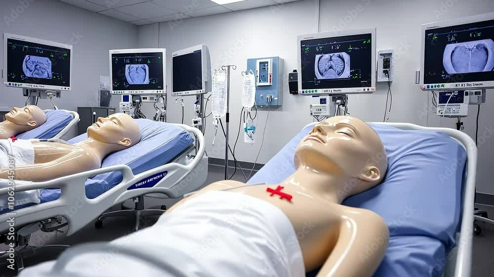 A medical training facility featuring simulation mannequins on hospital beds, with monitors displaying vital signs for educational purposes.