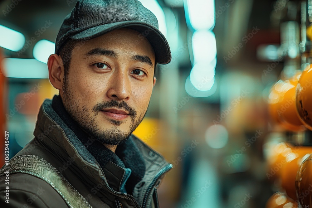 Confident man in urban setting with blurred background lighting Confident man in urban setting with blurred background lighting
