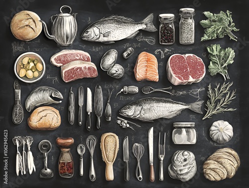 A chalk drawing of various foods, kitchen utensils, and ingredients on a black background.