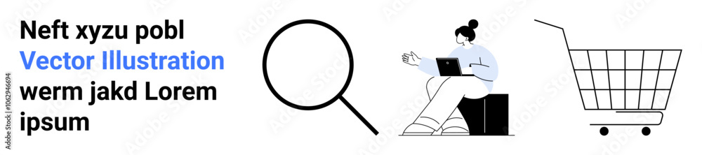 Woman using laptop by shopping cart, accompanied by magnifying glass and text. Ideal for e-commerce, online retail, technology themes, digital commerce, marketing, shopping guides, search Woman using laptop by shopping cart, accompanied by magnifying glass and text. Ideal for e-commerce, online retail, technology themes, digital commerce, marketing, shopping guides, search