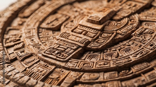 Intricate Aztec calendar design, detailed craftsmanship on a wooden surface.