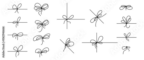 Simple hand-drawn gift ribbon bow with a neat knot in minimal outline style. Thin line vector icon set in clean doodle style. Perfect for present boxes, cards, and design elements