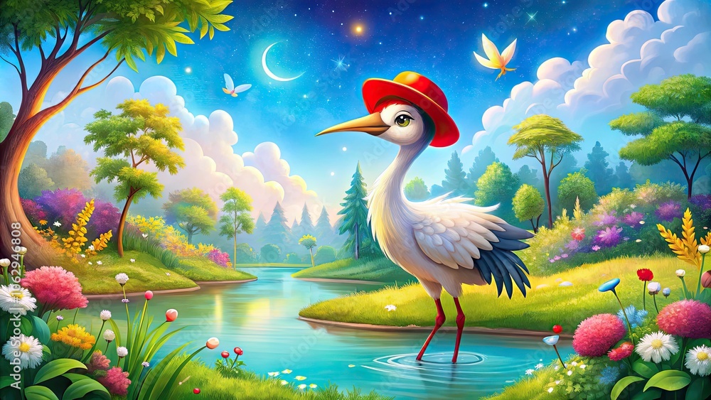 Obraz premium Cute Cartoon Crane Bird with Red Hat Illustration - Whimsical Bird Art, Fun Animal Character, Colorful Wildlife Design, Playful Crane, Creative Illustration, Vibrant Artwork