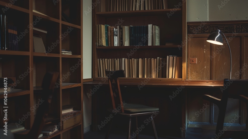 Cozy home office, Bookshelf with books, wooden writing desk adorned with family photographs and plants Cozy home office, Bookshelf with books, wooden writing desk adorned with family photographs and plants
