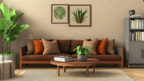 A stylish living room in Japandi style with a brown wooden sofa, earthy-toned pillows, a sleek gray bookstand with art books, a round wooden coffee table, and green plants in minimalist pots.