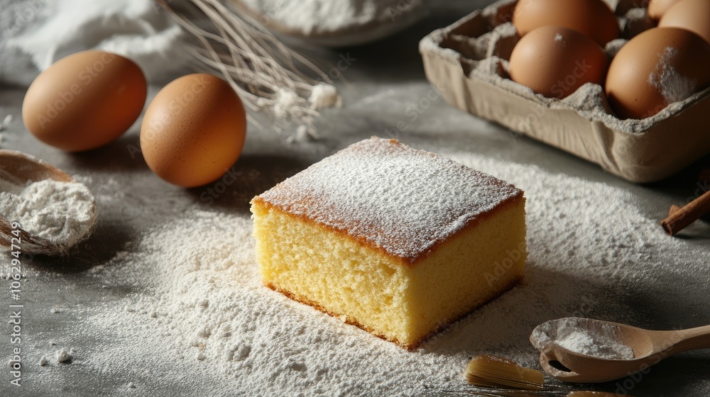Delicious Yellow Cake with Ingredients on Table Delicious Yellow Cake with Ingredients on Table