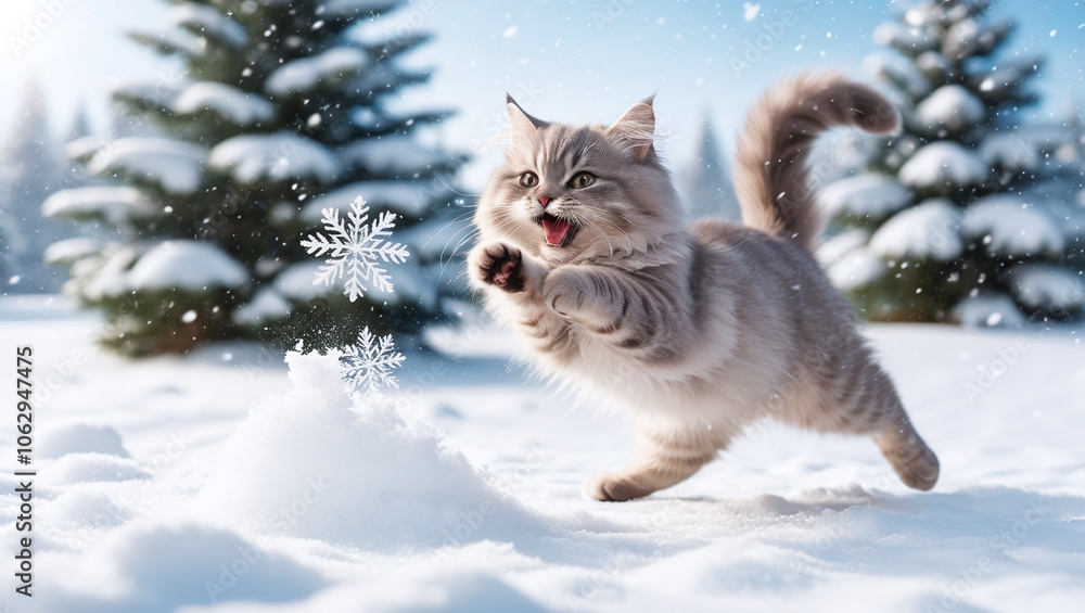 Playful Cat Playing with Snowflakes on Winter Snowy Day Outside, Outdoor Snow Playful Cat Playing with Snowflakes on Winter Snowy Day Outside, Outdoor Snow