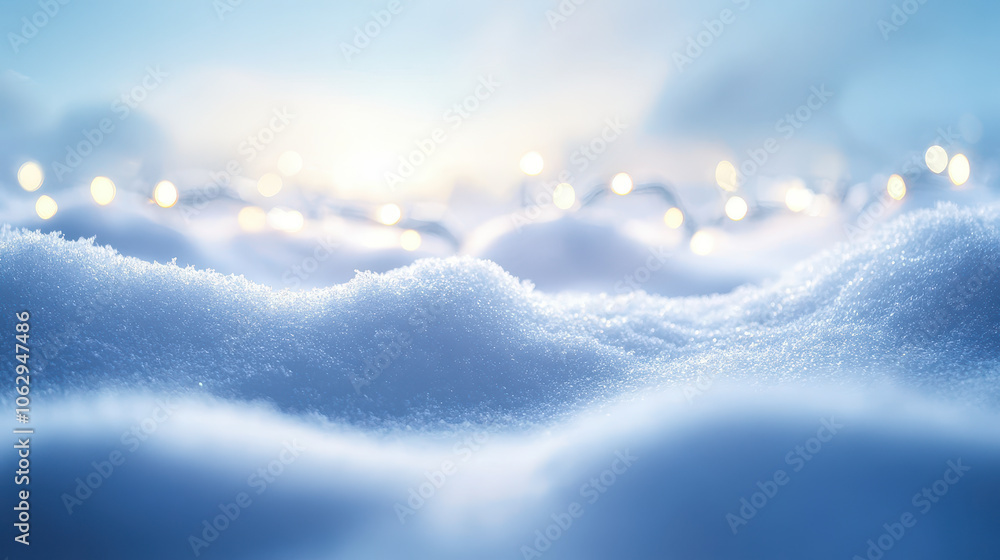 Winter Wonderland Christmas Background with Snowdrifts and Festive Lights on Blue