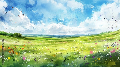 Vibrant green meadow stretches toward the horizon under a wide blue sky with soft white clouds, perfect for nature advertising.
