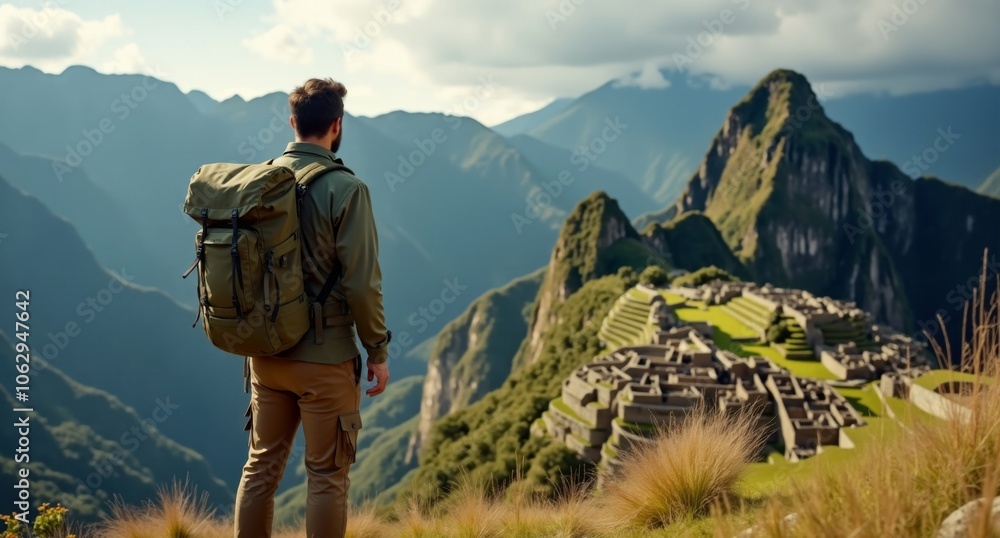 Male trekker hiking by Machu Picchu, Peru in nature-inspired camouflage. Muted olive and khaki tones enhance the surroundings. Shot with Hasselblad X1D in 8k high resolution. Male trekker hiking by Machu Picchu, Peru in nature-inspired camouflage. Muted olive and khaki tones enhance the surroundings. Shot with Hasselblad X1D in 8k high resolution.