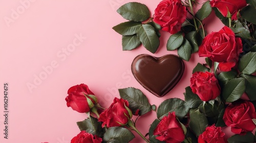 Romantic Heart with Red Roses on Pink Background photo