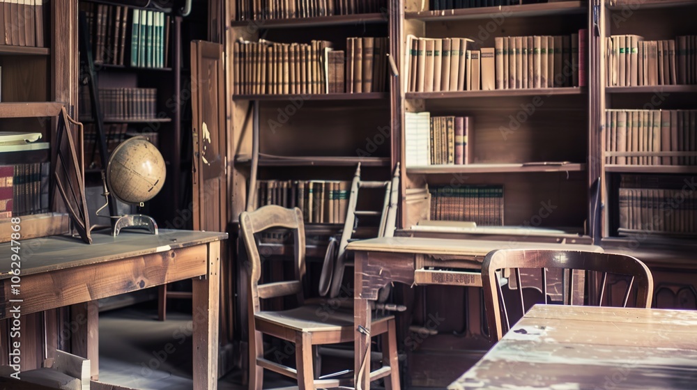 Cozy home office, Bookshelf with books, wooden writing desk adorned with family photographs and plants Cozy home office, Bookshelf with books, wooden writing desk adorned with family photographs and plants
