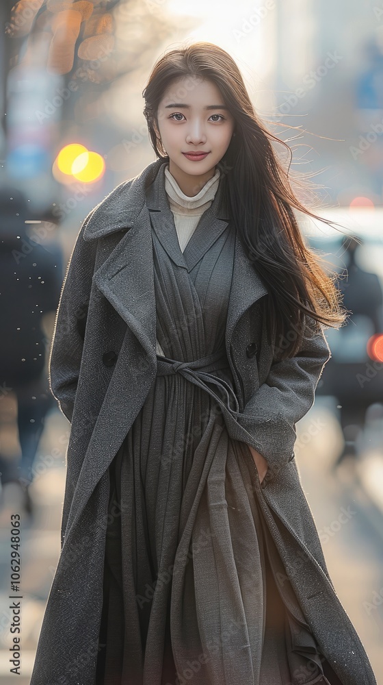 A beautiful young Chinese woman with long hair walking on city street, wearing a woolen coat, long skirt, big eyes, smiling face. A beautiful young Chinese woman with long hair walking on city street, wearing a woolen coat, long skirt, big eyes, smiling face.
