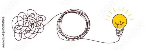 Light bulbs with confused concept of chaos. Complex way from start to idea. Tangle clarity or path in hand drawn style. Vector illustration