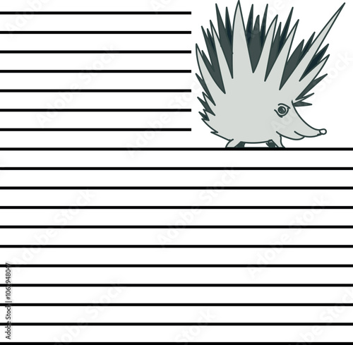 Next to the line sheet there is a large cartoon hedgehog with long needles.