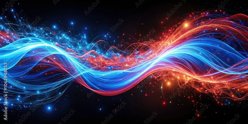 Dynamic Energy Wave of Swirling Blue and Red Particles in Long Exposure Against Dark Background Dynamic Energy Wave of Swirling Blue and Red Particles in Long Exposure Against Dark Background