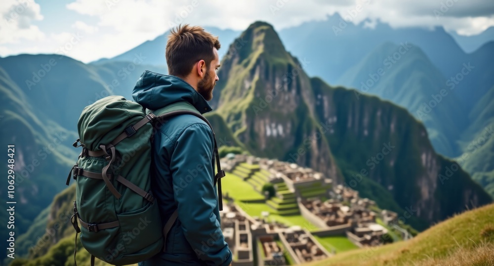 Naklejka premium Trailblazer male hiker exploring Machu Picchu, Peru in cool blues and grays. Realistic with soft edges, 8k Hasselblad X1D capture.