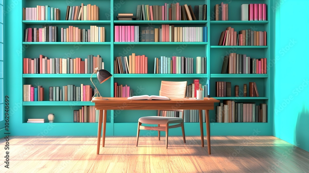 Teal Bookshelf with Wooden Desk and Chair in Home Office Interior Teal Bookshelf with Wooden Desk and Chair in Home Office Interior