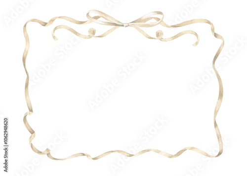 A vintage style watercolor illustration featuring a satin ribbon tied in a bow around an oval frame border. The pastel beige and neutral tones satin wreath for cards. Hand drawn in white background