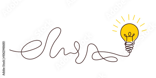 Solution concept of chaos in thoughts with hanging light bulbs with one glowing. Complex problem solving process in hand drawn style. Vector illustration