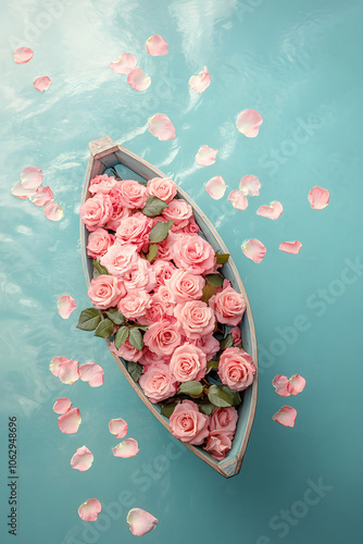 Top view of small boat filled with pink roses and rose petals scattered and floating in the light blue water. Romantic concept.