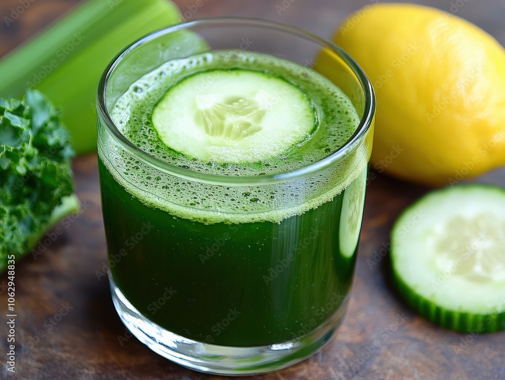 A low-sugar green juice featuring cucumber, celery, kale, and a hint of lemon, offering a nutrient-rich, detoxifying beverage ideal for health-conscious individuals A low-sugar green juice featuring cucumber, celery, kale, and a hint of lemon, offering a nutrient-rich, detoxifying beverage ideal for health-conscious individuals