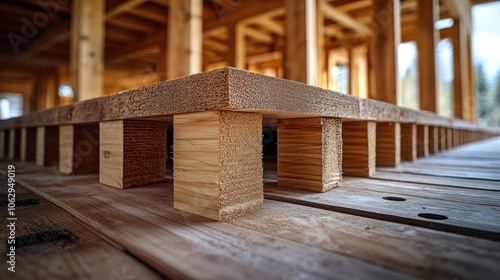 Close-up of wooden beams and supports in a new home construction.