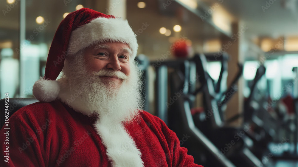 Santa claus smiling and relaxing in a fitness center after christmas rush Santa claus smiling and relaxing in a fitness center after christmas rush