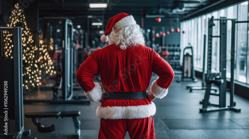 Fototapeta Naklejka Na Ścianę i Meble -  Santa claus is getting ready for christmas by working out in a gym