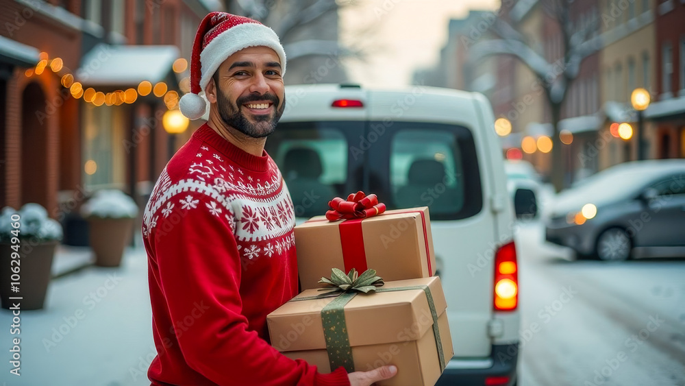 Man in red sweater holding gifts beside a van on a decorated street Man in red sweater holding gifts beside a van on a decorated street