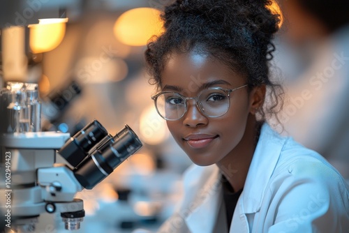 Confident female scientist working in modern lab environment with microscope photo