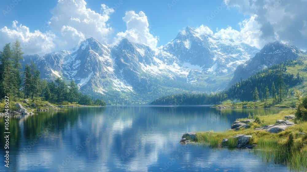 Serene mountain landscape with a reflective lake and lush greenery. Serene mountain landscape with a reflective lake and lush greenery.