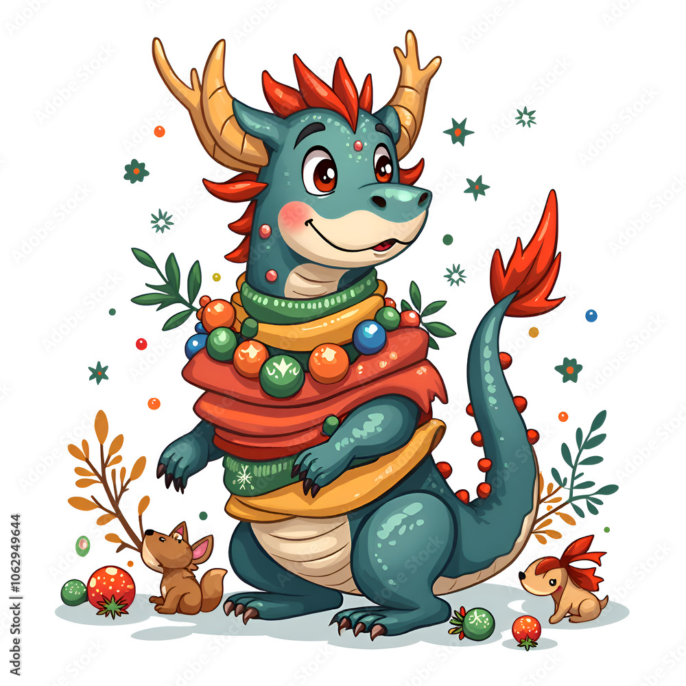 Fototapeta premium A cheerful dragon embraces the joy of the festive season with vibrant decorations, digital illustration of character design concept.