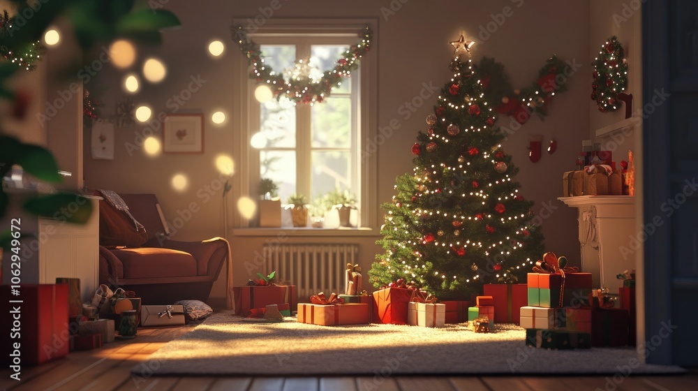 Cozy Christmas Living Room with Decorated Tree Cozy Christmas Living Room with Decorated Tree