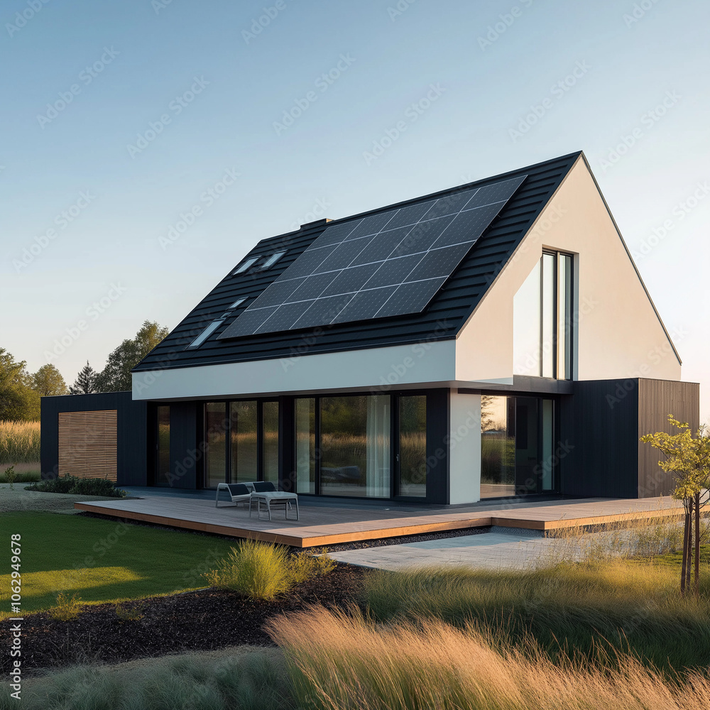 Modern eco-friendly house with solar panels at dusk Modern eco-friendly house with solar panels at dusk