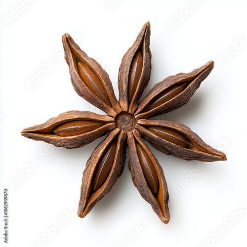 A single star anise isolated on a white background.