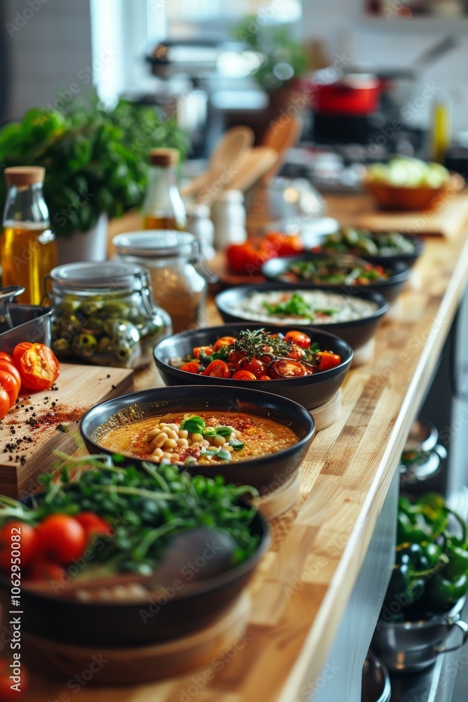 Cooking process: kitchen filled with fresh vegetables and natural products Cooking process: kitchen filled with fresh vegetables and natural products