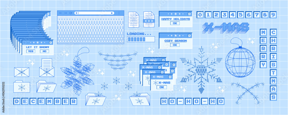 Fototapeta premium Big set of x-mas stickers in trendy y2k style. Old computer aesthetics of 90s, 00s. Retro PC elements, user interface. Vector illustration