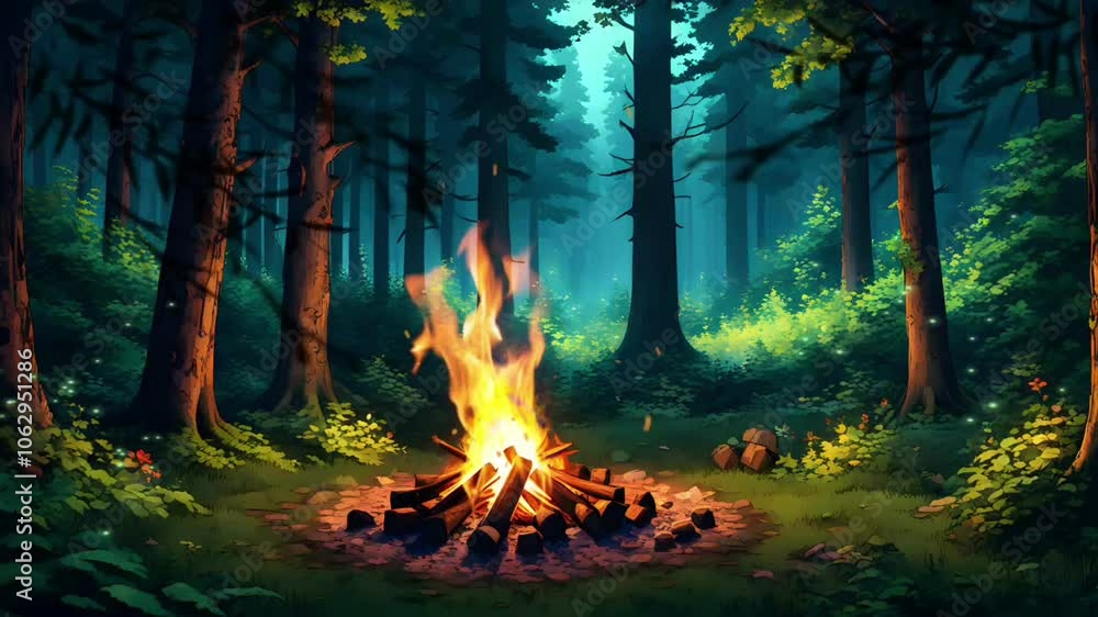 Cozy campfire glowing warmly in the middle of a dense. Cozy campfire glowing warmly in the middle of a dense.