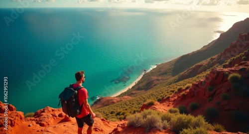 Male adventurer overlooking the Great Barrier Reef, Australia in vibrant reds and oranges. Stunning 8k detail captured with Hasselblad X1D. photo