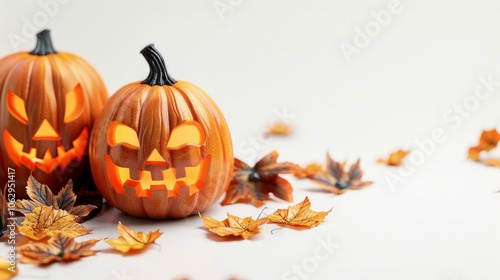 Lit jack-o-lanterns with fall leaves on white background. AI generative. . photo