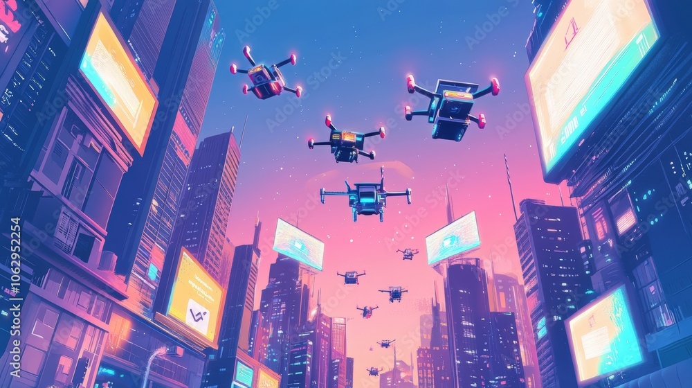 Drones flying over futuristic city skyline. Drones flying over futuristic city skyline.