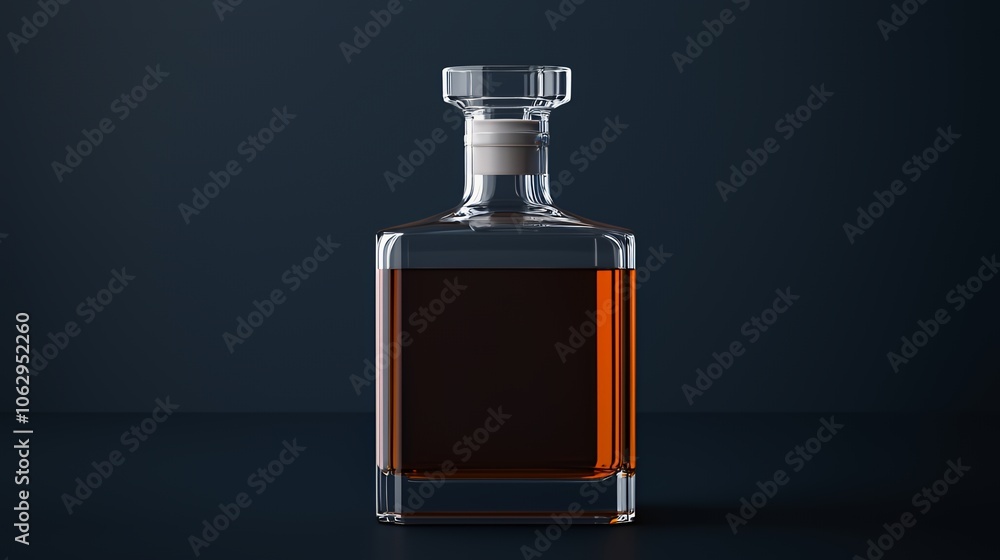 A clear glass decanter filled with amber liquid on a dark blue background. A clear glass decanter filled with amber liquid on a dark blue background.