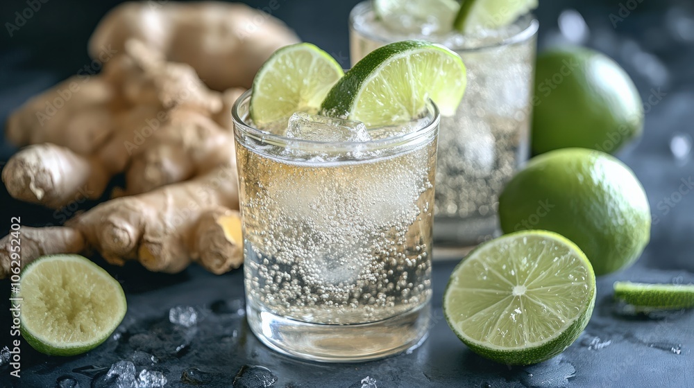 Fototapeta premium A refreshing low-sugar ginger and lime soda, naturally flavored with a touch of fresh ginger and sparkling water, offering a zesty, fizzy alternative to sugary soft drinks