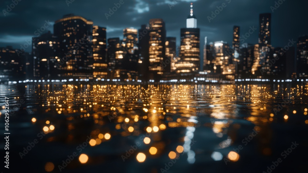 Fototapeta premium Golden Glittering Cityscape at Night: A Dazzling Urban Skyline Illuminated by Twinkling Lights