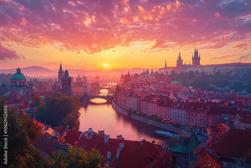 Obraz premium City skyline at sunset with river view