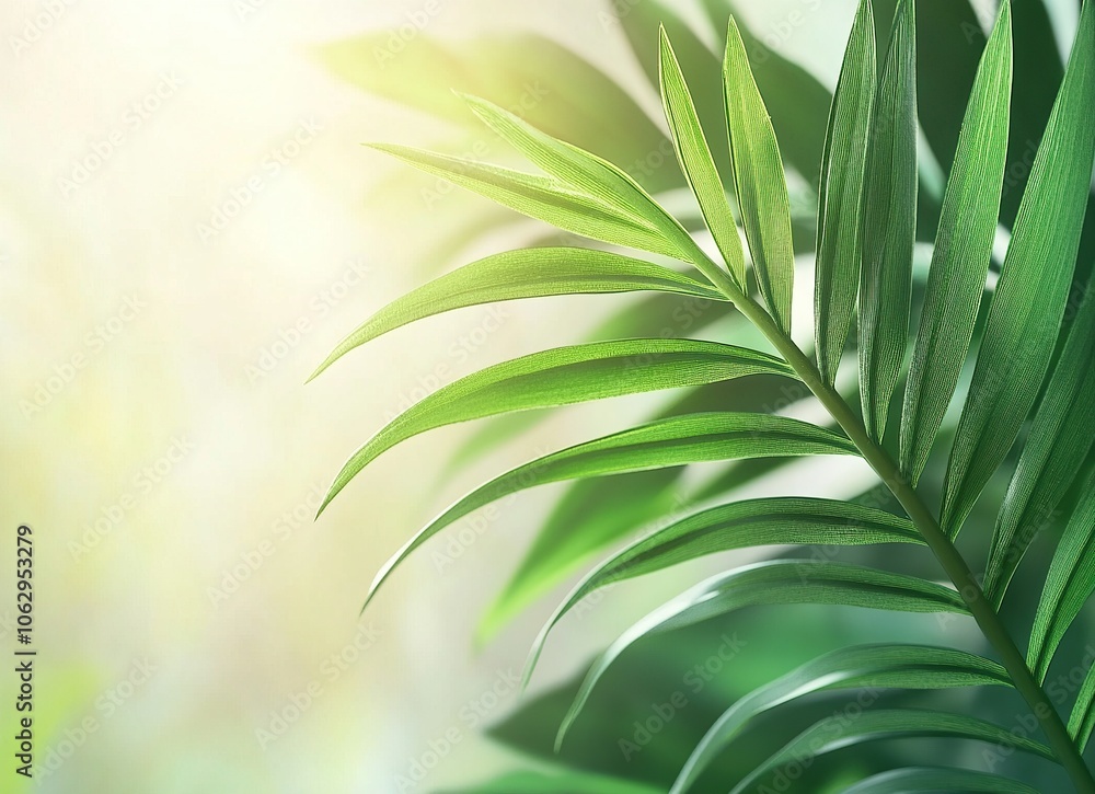 Close-up shot of lush green palm leaves with sunlight shining through. Close-up shot of lush green palm leaves with sunlight shining through.